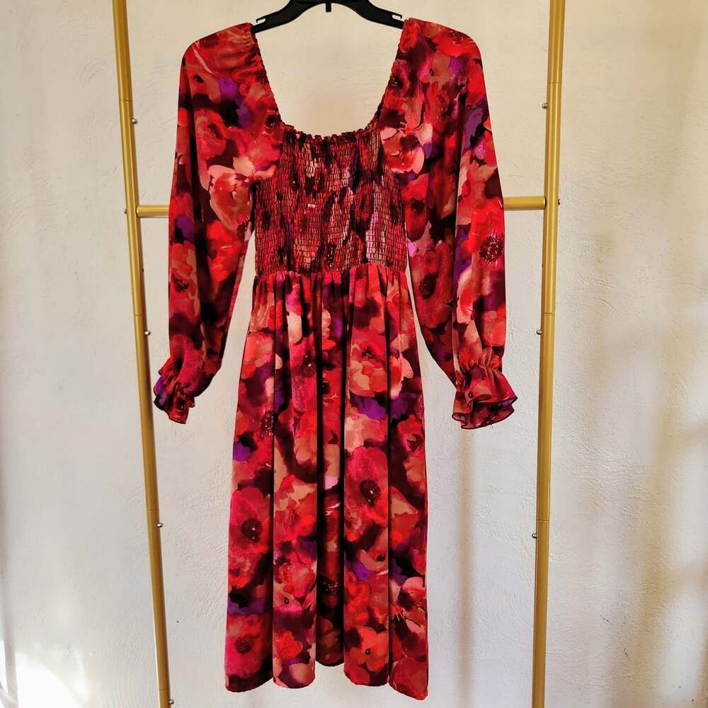 Haptics By Holly Harper Red Floral Long Sleeve Smocked Midi Dress HD1514C Small